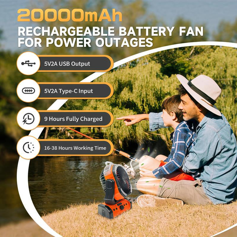 20000Mah Oscillating Camping Fan Battery Powered Misting Fan with Timer USB-C Dual Motors and LED Light for Tents Beaches Construction Sites Emergencies 250Ml Water Tank Adjustable Spray Modes Remote Control Portable Lightweight Design