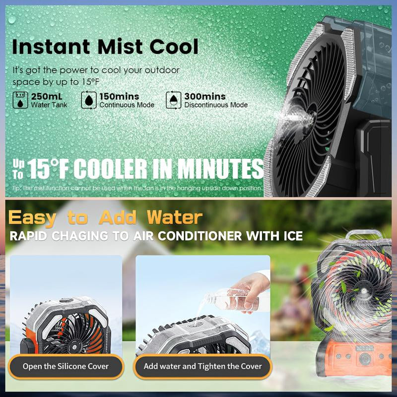 20000Mah Oscillating Camping Fan Battery Powered Misting Fan with Timer USB-C Dual Motors and LED Light for Tents Beaches Construction Sites Emergencies 250Ml Water Tank Adjustable Spray Modes Remote Control Portable Lightweight Design