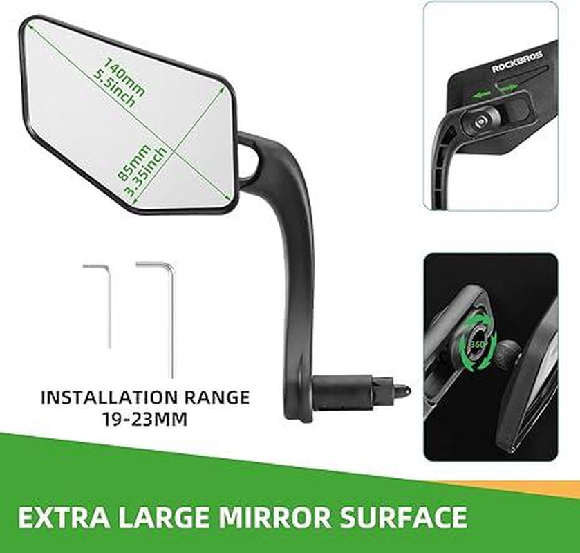 ROCKBROS Bicycle Mirror Handlebar Mount Bar End Mirror, 360° Adjustable Bicycle Mirrors for Handlebars, HD Automotive Grade Glass, Scratch-Resistant for E-Bike, MTB, and Electric Bicycles Left