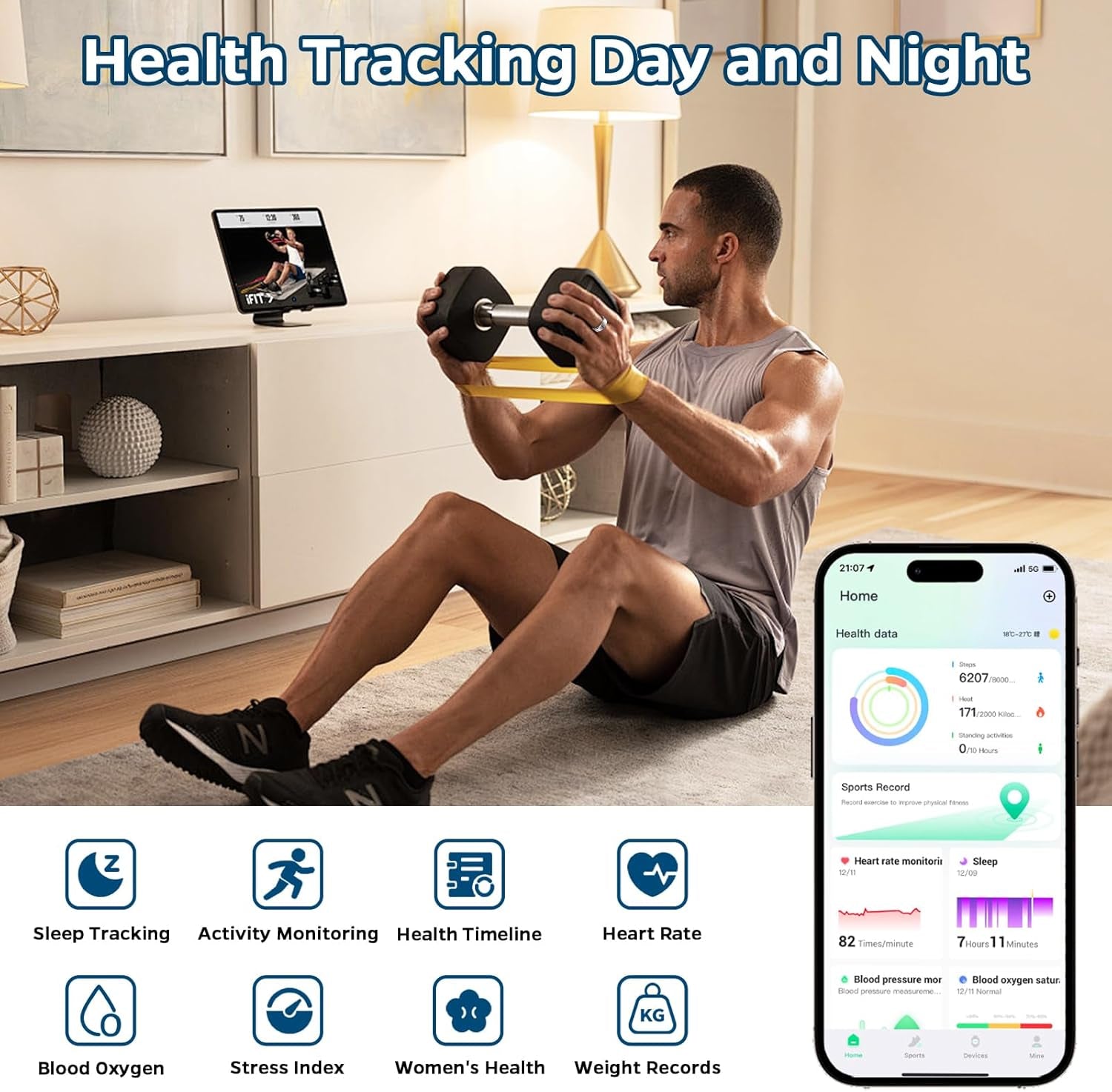 Smart Ring Health Tracker, Sleep Tracker Ring with Heart Rate, Waterproof Fitness Ring for Activity Monitoring/Steps/Distance/Calories, Air Gestures, up to 7-Day Battery, for Ios Android (Silver,#8)