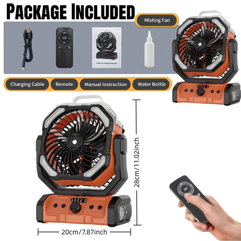 20000Mah Oscillating Camping Fan Battery Powered Misting Fan with Timer USB-C Dual Motors and LED Light for Tents Beaches Construction Sites Emergencies 250Ml Water Tank Adjustable Spray Modes Remote Control Portable Lightweight Design