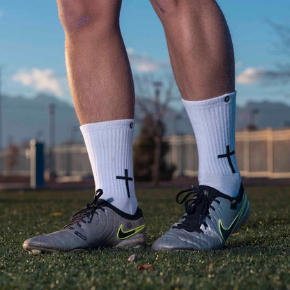 Momentum Cross White Religious Men and Women Soccer Socks, Anti-Slip Grip Socks for Soccer, Running, Basketball, Football, Crew Length.