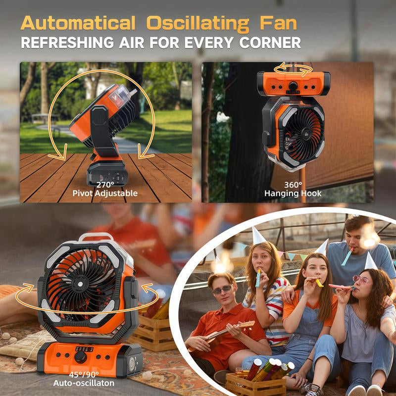 20000Mah Oscillating Camping Fan Battery Powered Misting Fan with Timer USB-C Dual Motors and LED Light for Tents Beaches Construction Sites Emergencies 250Ml Water Tank Adjustable Spray Modes Remote Control Portable Lightweight Design