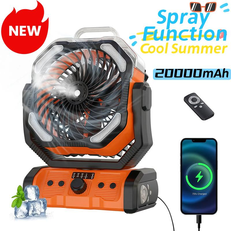 20000Mah Oscillating Camping Fan Battery Powered Misting Fan with Timer USB-C Dual Motors and LED Light for Tents Beaches Construction Sites Emergencies 250Ml Water Tank Adjustable Spray Modes Remote Control Portable Lightweight Design