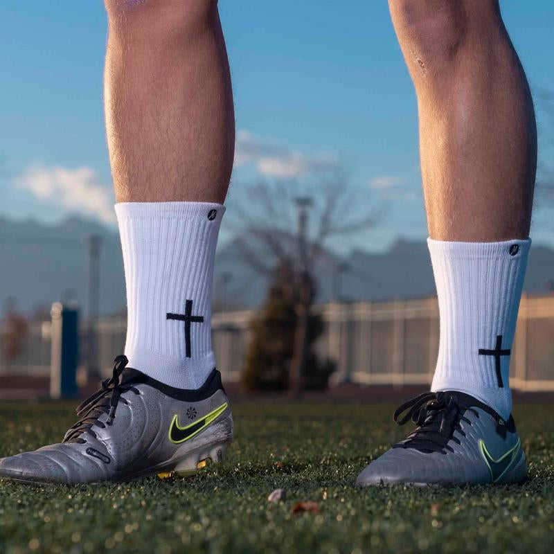Momentum Cross White Religious Men and Women Soccer Socks, Anti-Slip Grip Socks for Soccer, Running, Basketball, Football, Crew Length.