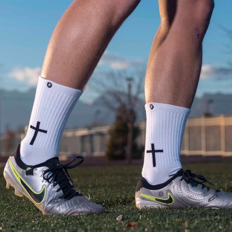Momentum Cross White Religious Men and Women Soccer Socks, Anti-Slip Grip Socks for Soccer, Running, Basketball, Football, Crew Length.