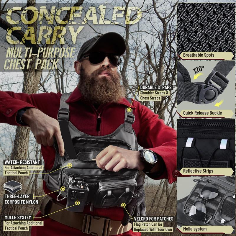 Chest Bag for Men Women, Tactical Chest Rig with Holster, Sport Chest Pack for Outdoor, Running Vest for Hiking, Cycling, Travel, Workouts, EDC