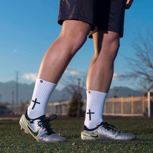 Momentum Cross White Religious Men and Women Soccer Socks, Anti-Slip Grip Socks for Soccer, Running, Basketball, Football, Crew Length.