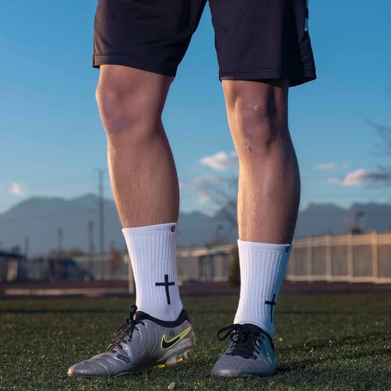 Momentum Cross White Religious Men and Women Soccer Socks, Anti-Slip Grip Socks for Soccer, Running, Basketball, Football, Crew Length.