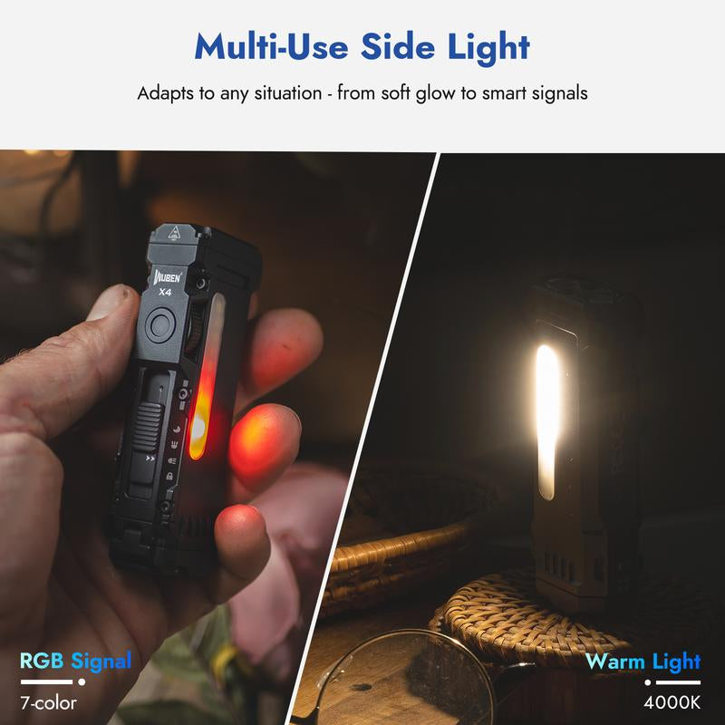 WUBEN X4 1500 Lumens EDC Flat Flashlight, RGB Mood Light & Side Camping Lamp, Instant-On Tail Switch, USB-C Rechargeable, IP68 Waterproof for Camping, Hiking, Night Patrol