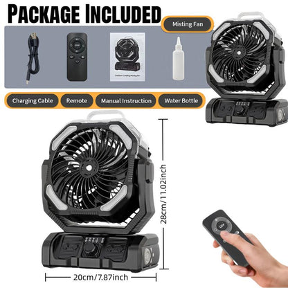 20000Mah Oscillating Camping Fan Battery Powered Misting Fan with Timer USB-C Dual Motors and LED Light for Tents Beaches Construction Sites Emergencies 250Ml Water Tank Adjustable Spray Modes Remote Control Portable Lightweight Design