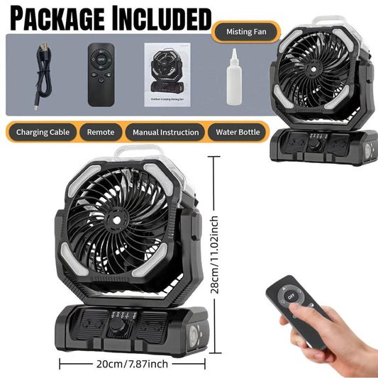 20000Mah Oscillating Camping Fan Battery Powered Misting Fan with Timer USB-C Dual Motors and LED Light for Tents Beaches Construction Sites Emergencies 250Ml Water Tank Adjustable Spray Modes Remote Control Portable Lightweight Design